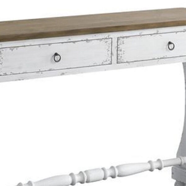 48 Inch 2 Drawer Console Table, Ring Metal Handles, Distressed White