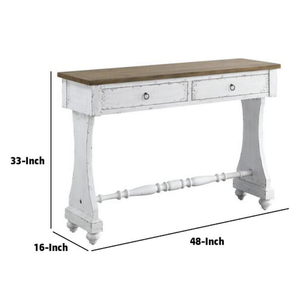 48 Inch 2 Drawer Console Table, Ring Metal Handles, Distressed White