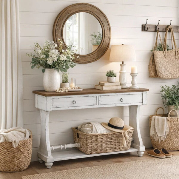 48 Inch 2 Drawer Console Table, Ring Metal Handles, Distressed White