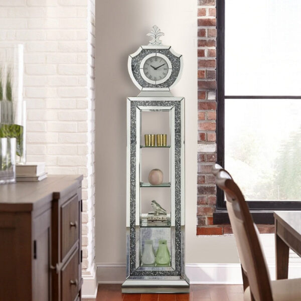 Grandfather Clock with 4 Compartments and Mirror Frame, Silver