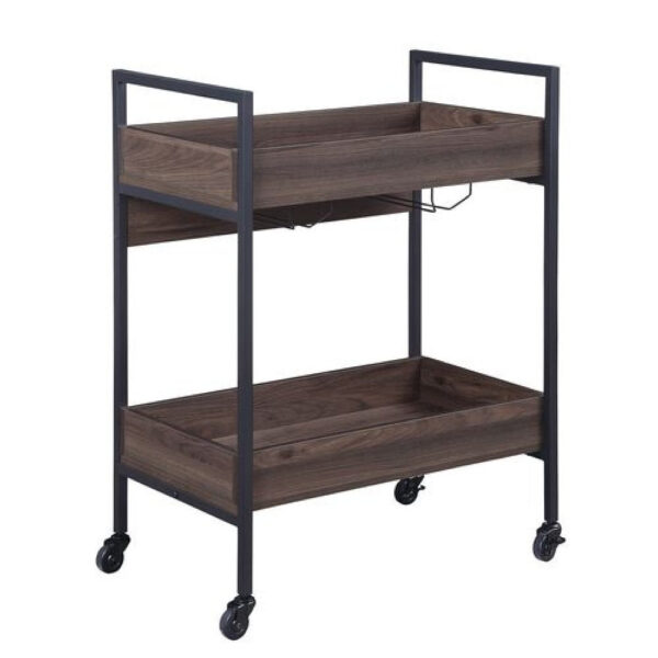13022026698f19acd5395.jpeg 2 Tier Serving Cart with Wooden Shelves and Metal Frame, Brown