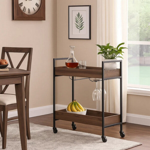 13022026698f19b5131fd.jpeg 2 Tier Serving Cart with Wooden Shelves and Metal Frame, Brown