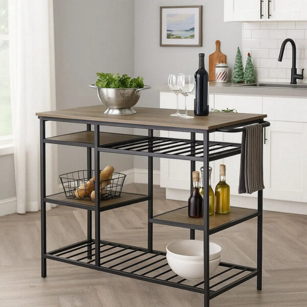 Kitchen Island with Slatted and Bottom Shelves, Oak Brown