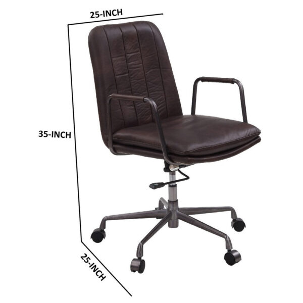 Office Chair with Leather Seat and Channel Stitching, Dark Brown