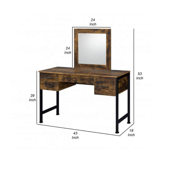 Vanity Desk with 4 Drawers and Square Mirror, Brown and Black