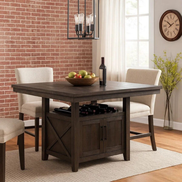 Wooden Counter Height Table with Cabinet and Butterfly Leaf, Gray