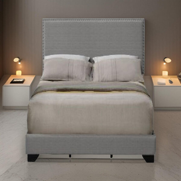 13022026698f1a976b682.jpeg Queen Size Bed with Fabric Upholstery and Nailhead Accent, Gray
