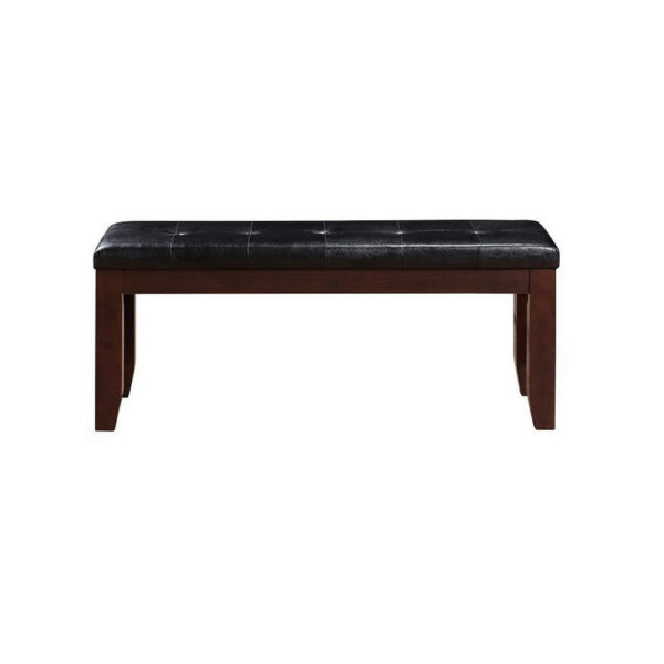 Leather Upholstered Wooden Bench With Tufted Seat, Espresso Brown & Black