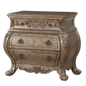 Nightstand, 3 Drawers with Antique Handles, Scrolled Legs, Vintage Oak Brown