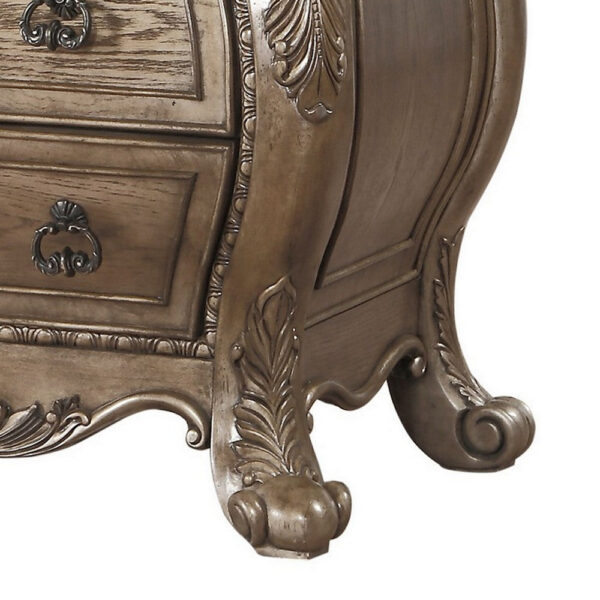 140220266990ede9e3362.jpeg Nightstand, 3 Drawers with Antique Handles, Scrolled Legs, Vintage Oak Brown