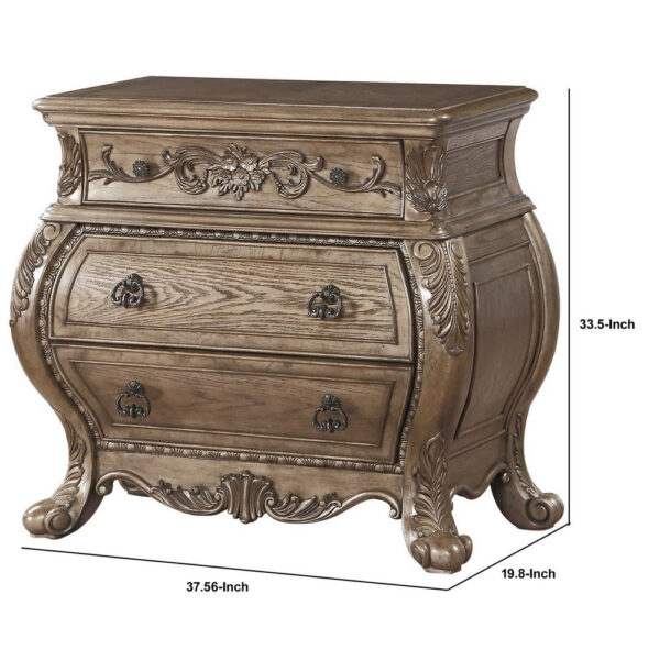 140220266990edebbc985.jpeg Nightstand, 3 Drawers with Antique Handles, Scrolled Legs, Vintage Oak Brown