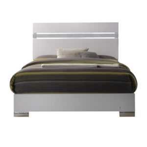 Wooden queen size bed with block legs and Crystal Accented Headboard, White