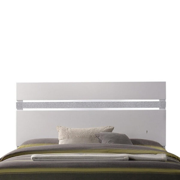 Wooden queen size bed with block legs and Crystal Accented Headboard, White