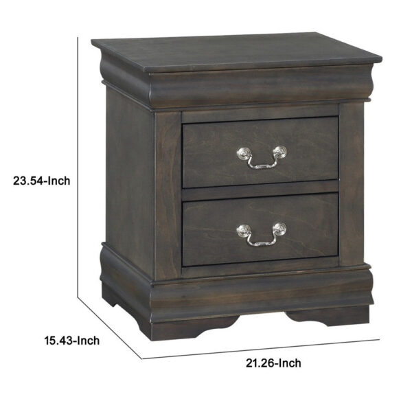 Traditional Style Wooden Nightstand with Two Drawers and Metal Handles, Dark Gray