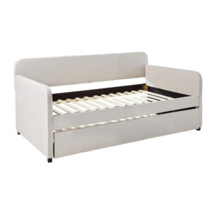 140220266990ee7191360.jpeg Fabric Upholstered Wooden Day Bed with Trundle and Panel Back, Beige