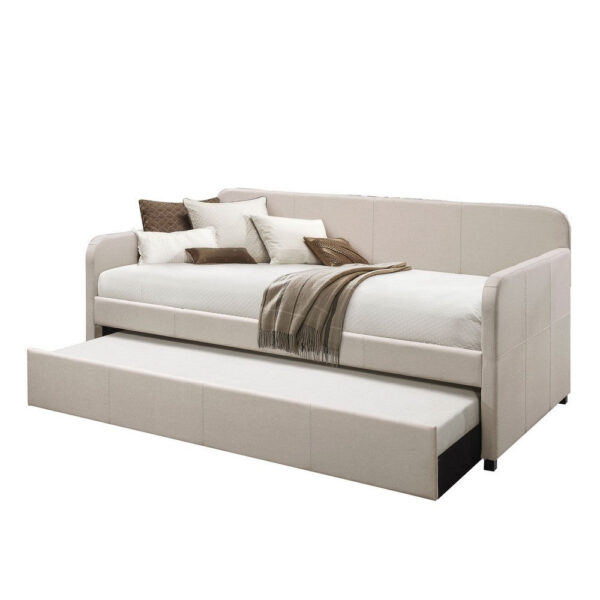 Fabric Upholstered Wooden Day Bed with Trundle and Panel Back, Beige