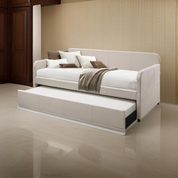 Fabric Upholstered Wooden Day Bed with Trundle and Panel Back, Beige