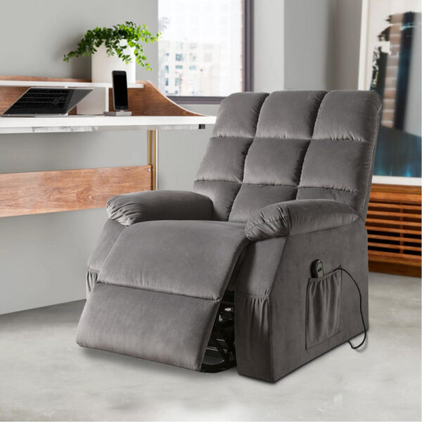 Contemporary Velvet and Metal Recliner with Power Lift, Gray