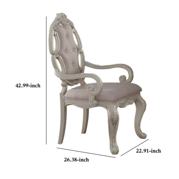 140220266990eede4fa57.jpeg Fabric Upholstered Wooden Arm Chairs with Cabriole Legs, White and Gray, Set of Two