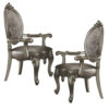 Wooden Arm Chairs with Fabric Upholstered Back and Leatherette Seat, Silver, Set of Two