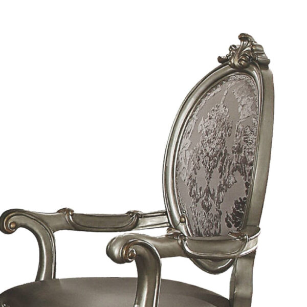 Wooden Arm Chairs with Fabric Upholstered Back and Leatherette Seat, Silver, Set of Two