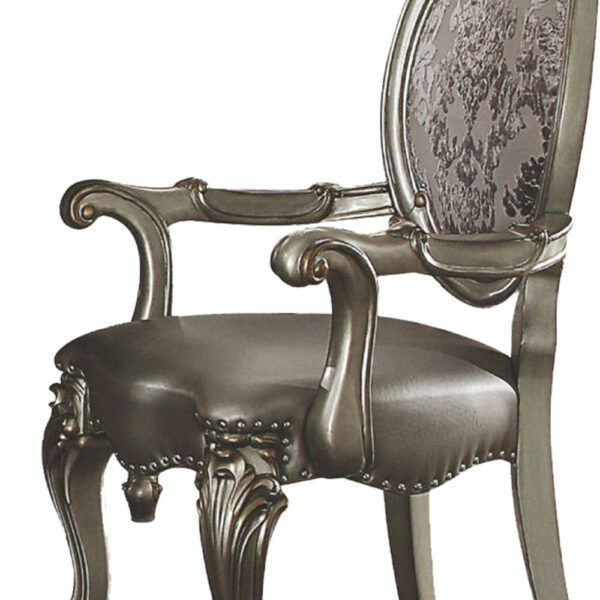 Wooden Arm Chairs with Fabric Upholstered Back and Leatherette Seat, Silver, Set of Two