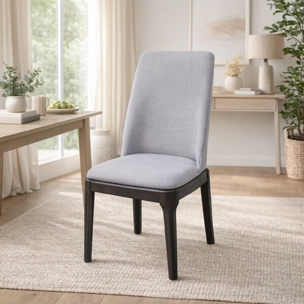 Linen Upholstered Wooden Side Chair with Curved Backrest and Block Legs, Set of 2, Gray