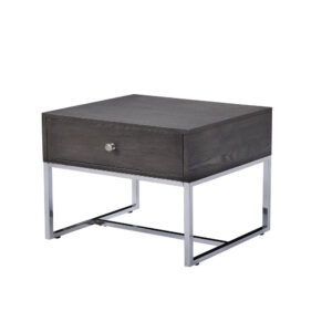 Wooden End Table with Tubular Metal Base and Spacious Drawer, Gray and Silver
