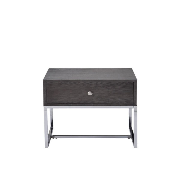 Wooden End Table with Tubular Metal Base and Spacious Drawer, Gray and Silver