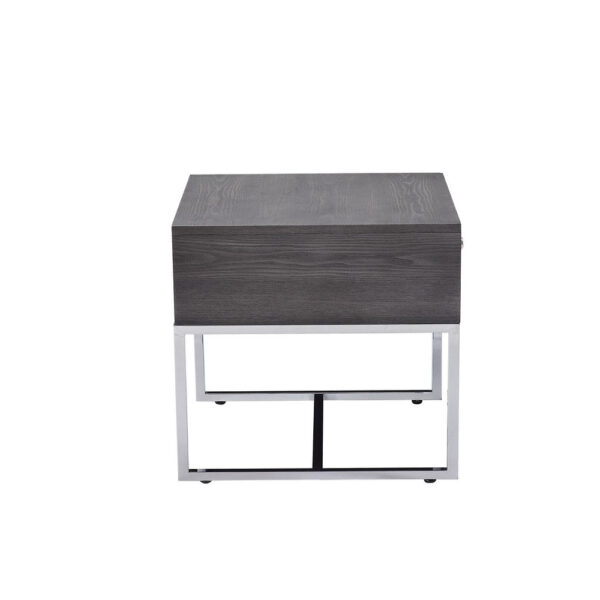 Wooden End Table with Tubular Metal Base and Spacious Drawer, Gray and Silver