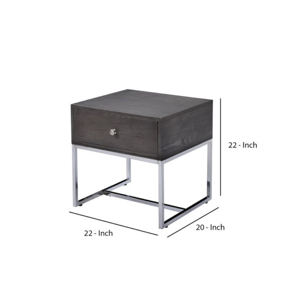 Wooden End Table with Tubular Metal Base and Spacious Drawer, Gray and Silver