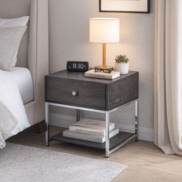 Wooden End Table with Tubular Metal Base and Spacious Drawer, Gray and Silver