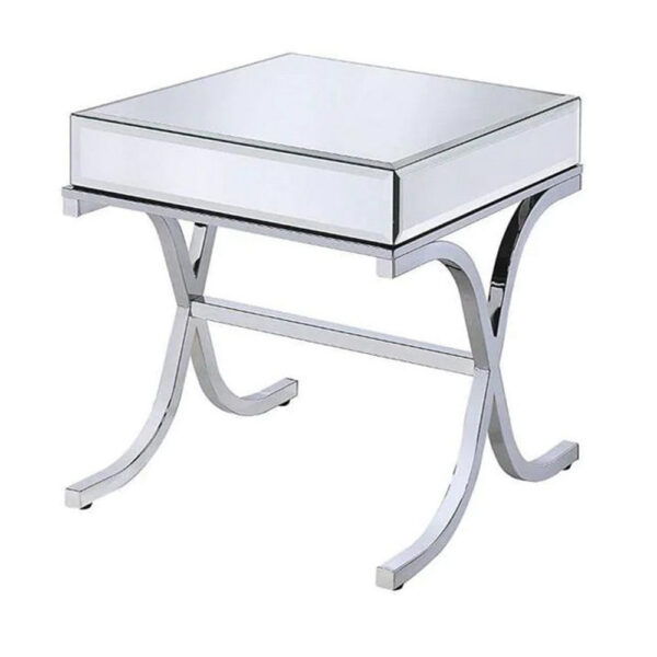 140220266990ef45751e8.jpeg Contemporary Style Metal and Mirror Square End Table, Silver