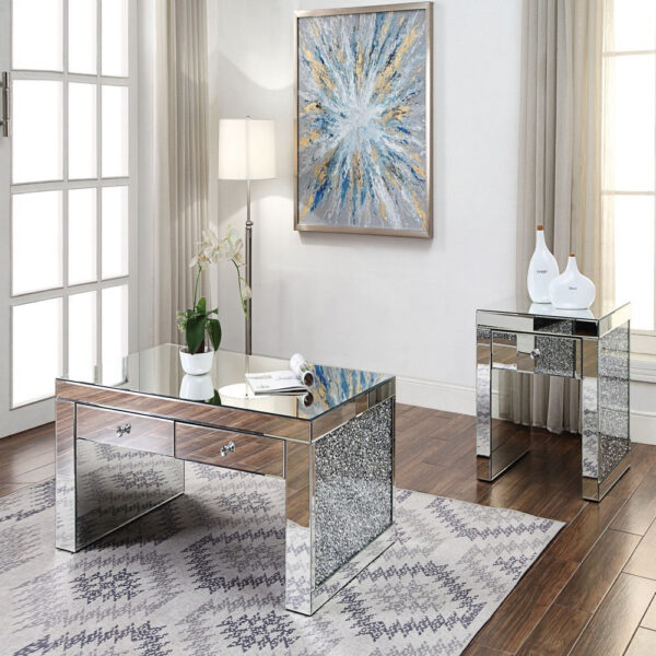Wood and Mirror End Table with One Drawer, Clear
