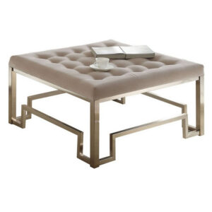 Modern Style Square Shaped Wood and Metal Cocktail Ottoman, Gold and Beige