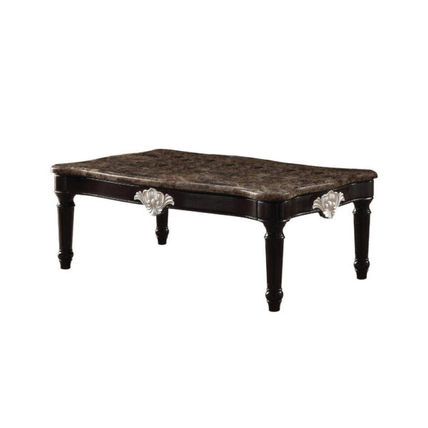 Traditional Style Rectangular Marble and Wood Coffee Table, Brown