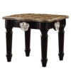 Marble Top End Table With Contrast Carved Motif Turned Wood Legs, Black