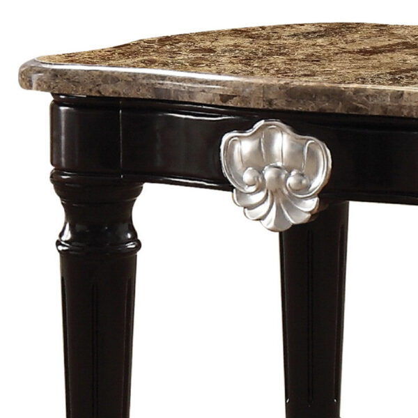 Marble Top End Table With Contrast Carved Motif Turned Wood Legs, Black
