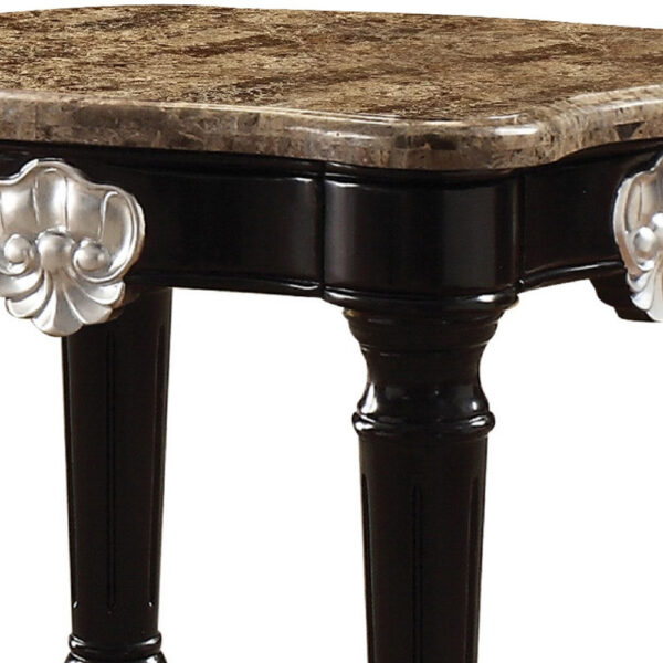 Marble Top End Table With Contrast Carved Motif Turned Wood Legs, Black
