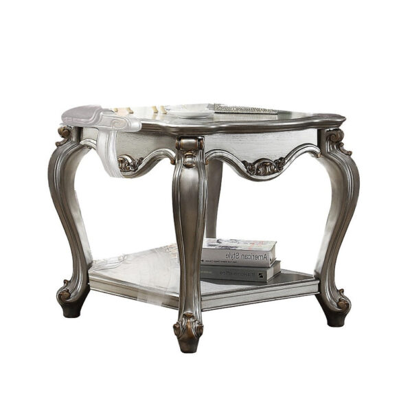 Side End Table, Scalloping, Polyresin Carvings and Bottom Shelf, Silver