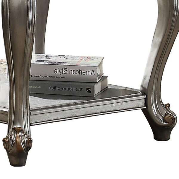 Side End Table, Scalloping, Polyresin Carvings and Bottom Shelf, Silver