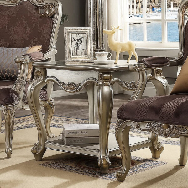 Side End Table, Scalloping, Polyresin Carvings and Bottom Shelf, Silver