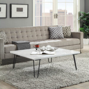 Marble Top Coffee Table with Hairpin Style Metal Legs, White and Black