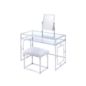 140220266990efd9e1b85.jpeg Glass and Metal Vanity Set With Faux Fur Stool, White and Silver