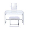 Glass and Metal Vanity Set With Faux Fur Stool, White and Silver