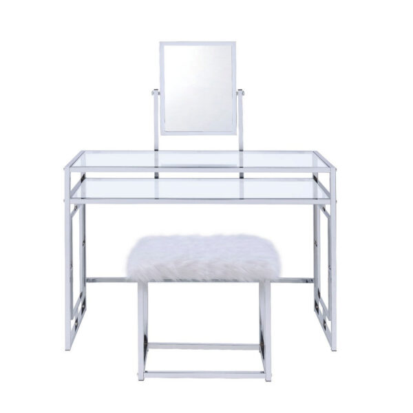 Glass and Metal Vanity Set With Faux Fur Stool, White and Silver