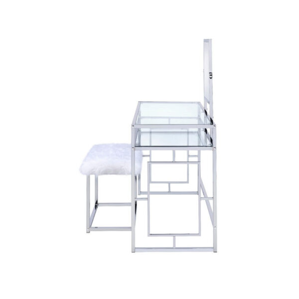 Glass and Metal Vanity Set With Faux Fur Stool, White and Silver
