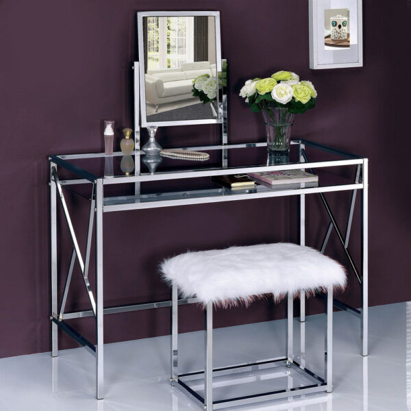Glass and Metal Vanity Set With Faux Fur Stool, White and Silver