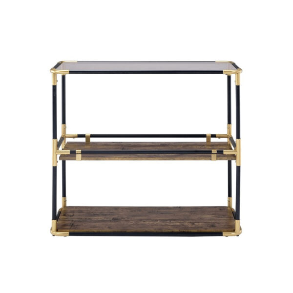 140220266990efe4b733b.jpeg Rechange Glass Top Console Table Metal Tubular Framing and Wooden Shelves, Black and Brown