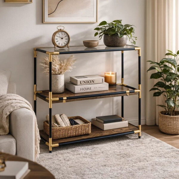 140220266990efebbf90a.jpeg Rechange Glass Top Console Table Metal Tubular Framing and Wooden Shelves, Black and Brown